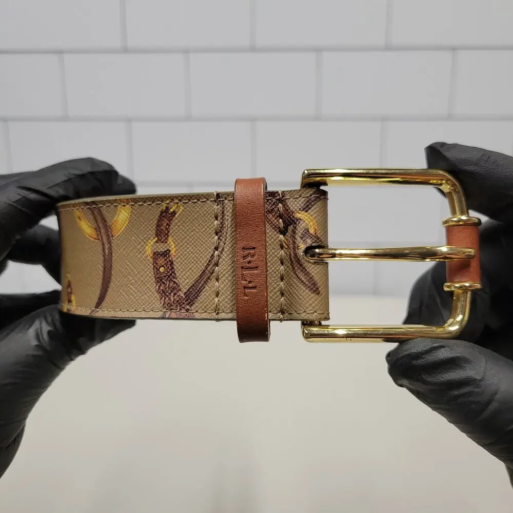Lauren Ralph Lauren Equestrian Print Belt Women's Small Brown Gold Buckle